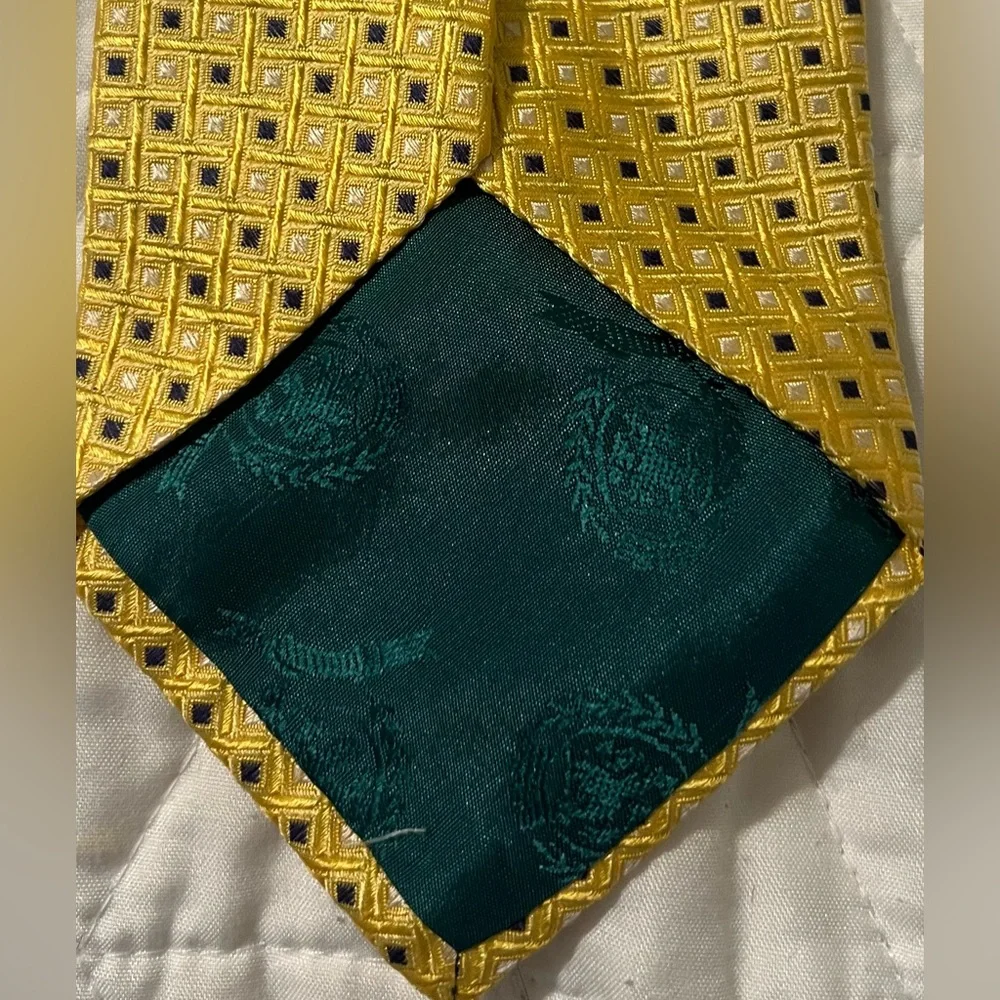 Tommy Hilfiger Tie Yellow With Blue White Squares 100% Silk Imported Made in USA